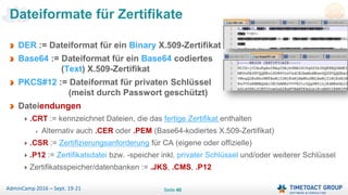 Seite 40AdminCamp 2016 – Sept. 19-21
DER := Dateiformat für ein Binary X.509-Zertifikat
Base64 := Dateiformat für ein Base64 codiertes
(Text) X.509-Zertifikat
PKCS#12 := Dateiformat für privaten Schlüssel
(meist durch Passwort geschützt)
Dateiendungen
.CRT := kennzeichnet Dateien, die das fertige Zertifikat enthalten
Alternativ auch .CER oder .PEM (Base64-kodiertes X.509-Zertifikat)
.CSR := Zertifizierungsanforderung für CA (eigene oder offizielle)
.P12 := Zertifikatsdatei bzw. -speicher inkl. privater Schlüssel und/oder weiterer Schlüssel
Zertifikatsspeicher/datenbanken := .JKS, .CMS, .P12
Dateiformate für Zertifikate
 