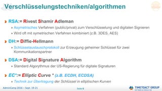 Seite 6AdminCamp 2016 – Sept. 19-21
RSA:= Rivest Shamir Adleman
Asymetrisches Verfahren (public/privat) zum Verschlüsselung und digitalen Signieren
Wird oft mit symetrischen Verfahren kombiniert (z.B. 3DES, AES)
DH:= Diffie-Hellmann
Schlüsselaustauschprotokoll zur Erzeugung geheimer Schlüssel für zwei
Kommunikationspartner
DSA:= Digital Signature Algorithm
Standard Algorythmus der US-Regierung für digitale Signaturen
EC*:= Elliptic Curve * (z.B. ECDH, ECDSA)
Technik zur Übertragung der Schlüssel in elliptischen Kurven
Verschlüsselungstechniken/algorithmen
 