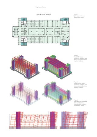 Progettazione Sismica
Figura 3
Schema architettonico:
pianta piano quarto.
Figura 4
Modelli 3D senza
fondazione: scheletro della
struttura (a sinistra); schema
impalcati (a destra).
Figura 5
Modelli unifilari senza
fondazione: scheletro della
struttura (a sinistra); schema
impalcati (a destra).
Figura 6
Primo modo di vibrare della
struttura in direzione
longitudinale (a sinistra) e
trasversale (a destra).
 