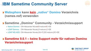 Seite 12AdminCamp 2017 – 18.-20 September
IBM Sametime Community Server
Websphere kann kein „native“ Domino Verzeichnis
(names.nsf) verwenden
Sametime „Domino“ Community - Verzeichnissupport
Native Domino: CN=Alexander Novak/O=edcom/C=DE
LDAP Domino: CN=Alexander Novak,O=edcom,C=DE
LDAP MS ADS: CN=Alexander Novak,OU=IT,DC=edcom,DC=DE
Sametime 9.0.1 – keine Support mehr für nativen Domino
Verzeichnissupport
 