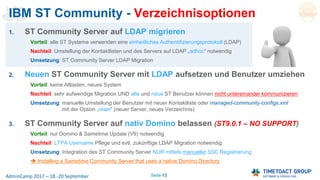 Seite 13AdminCamp 2017 – 18.-20 September
IBM ST Community - Verzeichnisoptionen
1. ST Community Server auf LDAP migrieren
Vorteil: alle ST Systeme verwenden eine einheitliches Authentifizierungsprotokoll (LDAP)
Nachteil: Umstellung der Kontaktlisten und des Servers auf LDAP „adhoc“ notwendig
Umsetzung: ST Community Server LDAP Migration
2. Neuen ST Community Server mit LDAP aufsetzen und Benutzer umziehen
Vorteil: keine Altlasten, neues System
Nachteil: sehr aufwendige Migration UND alte und neue ST Benutzer können nicht untereinander kommunizieren
Umsetzung: manuelle Umstellung der Benutzer mit neuer Kontaktliste oder managed-community-configs.xml
mit der Option „reset“ (neuer Server, neues Verzeichnis)
3. ST Community Server auf nativ Domino belassen (ST9.0.1 – NO SUPPORT)
Vorteil: nur Domino & Sametime Update (V9) notwendig
Nachteil: LTPA Username Pflege und evtl. zukünftige LDAP Migration notwendig
Umsetzung: Integration des ST Community Server NUR mittels manueller SSC Registrierung
 Installing a Sametime Community Server that uses a native Domino Directory
 