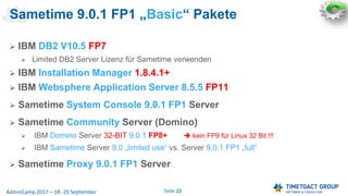 Seite 22AdminCamp 2017 – 18.-20 September
 IBM DB2 V10.5 FP7
 Limited DB2 Server Lizenz für Sametime verwenden
 IBM Installation Manager 1.8.4.1+
 IBM Websphere Application Server 8.5.5 FP11
 Sametime System Console 9.0.1 FP1 Server
 Sametime Community Server (Domino)
 IBM Domino Server 32-BIT 9.0.1 FP8+  kein FP9 für Linux 32 Bit !!!
 IBM Sametime Server 9.0 „limited use“ vs. Server 9.0.1 FP1 „full“
 Sametime Proxy 9.0.1 FP1 Server
Sametime 9.0.1 FP1 „Basic“ Pakete
 