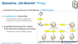 Seite 58AdminCamp 2017 – 18.-20 September
Sametime „HA-Betrieb“ Proxy
Sametime Proxy Server im HA Betrieb = WAS Cluster
Loadbalancer notwendig
Clients greifen auf die Loadbalancer
Adresse (z.B. stproxy.timetoact.de) zu
Zugriffe/Verbindung für mobile
Push Benachrichtigung einrichten
"Notification" Betrieb (APNS, Google)
 