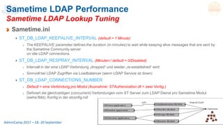 Seite 60AdminCamp 2017 – 18.-20 September
Sametime LDAP Performance
Sametime LDAP Lookup Tuning
Sametime.ini
ST_DB_LDAP_KEEPALIVE_INTERVAL (default = 1 Minute)
The KEEPALIVE parameter defines the duration (in minutes) to wait while keeping alive messages that are sent by
the Sametime Community server
on idle LDAP connections.
ST_DB_LDAP_RESPRAY_INTERVAL (Minuten / default = 0/Disabled)
Intervall in der eine LDAP Verbindung „dropped“ und wieder „re-established“ wird
Sinnvoll bei LDAP Zugriffen via Loadbalancer (wenn LDAP Service ist down)
ST_DB_LDAP_CONNECTIONS_NUMBER
Default = eine Verbindung pro Modul (Ausnahme: STAuthenication.dll = zwei Verbg.)
Definiert die gleichzeitigen (concurrent) Verbindungen vom ST Server zum LDAP Dienst pro Sametime Modul
(siehe Bild); Konfig in der stconfig.nsf
 