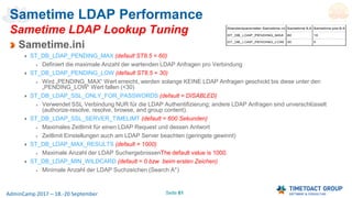 Seite 61AdminCamp 2017 – 18.-20 September
Sametime LDAP Performance
Sametime LDAP Lookup Tuning
Sametime.ini
ST_DB_LDAP_PE...