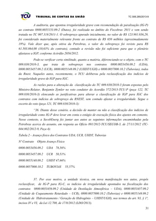 TRIBUNAL DE CONTAS DA UNIÃO TC 006.285/2013-9
A auditoria, que apontou irregularidade grave com recomendação de paralisação (IG-P)
ao contrato 0800.0055153.09-2 (Dutos), foi realizada no âmbito do Fiscobras 2011 e vem sendo
tratada no TC 007.318/2011-1. O sobrepreço apurado inicialmente, no valor de R$ 123.981.036,29,
foi considerado materialmente relevante frente ao contrato de R$ 650 milhões (aproximadamente
19%). Vale dizer que, após oitiva da Petrobras, o valor do sobrepreço foi revisto para R$
61.503.864,00 (10,63% do contrato), contudo a revisão não foi suficiente para que o plenário
afastasse a IGP, conforme Acórdão 2056/2012.
Pode-se verificar certa similitude, quanto a matéria, diferenciando-se o objeto, com o TC
009.830/2010-3, que trata de sobrepreço nos contratos 0800.0053456.09.2 (UDA),
0800.0053457.09.2 (UCR), 0800.0055148.09.2 (UHDT/UGH) e 0800.0057000.10.2 (Tubovias), todos
da Rnest. Naqueles autos, recentemente, o TCU deliberou pela reclassificação dos indícios de
irregularidade grave de IGP para IGC.
As razões para a alteração da classificação do TC 009.830/2010-3 foram expostas pelo
Ministro-Relator, Benjamin Zymler no voto condutor do Acordão 572/2013-TCU-P (peça 122, TC
009.830/2010-3) elencando as justificativas para alterar a classificação de IGP para IGC dos
contratos com indícios de sobrepreço da RNEST, sem contudo afastar a irregularidade. Segue o
excerto do voto (peça 121, TC 009.830/2010-3):
“36. Diante desse cenário, a decisão de manter ou não a classificação dos indícios de
irregularidade como IG-P deve levar em conta o estágio de execução física dos ajustes em comento.
Nesse contexto, a SecobEnerg fez juntar aos autos as seguintes informações encaminhadas pela
Petrobras acerca do assunto, em resposta ao Ofício 891/2012-TCU/SECOB-3, de 27/11/2012 (TC-
044.802/2012-9, Peça 4):
Tabela 2 - Avanço físico dos Contratos UDA, UCR, UHDT, Tubovias
Nº Contrato Objeto Avanço Físico
0800.0053456.09.2 UDA 78,56%
0800.0053457.09.2 UCR 50,51%
0800.0055148.09.2 UHDT 47,66%
0800.0057000.10.2 TUBOVIAS 55,57%
37. Por esse motivo, a unidade técnica, em nova manifestação nos autos, propôs
reclassificar, de IG-P para IG-C, os indícios de irregularidade apontados na fiscalização dos
contratos 0800.0053456.09.2 (Unidade de Destilação Atmosférica – UDA), 0800.0053457.09.2
(Unidade de Coqueamento Retardado – UCR), 0800.0057000.10.2 (Tubovias) e 0800.0055148.09.2
(Unidade de Hidrotratamento / Geração de Hidrogênio – UHDT/UGH), nos termos do art. 93, § 1º,
incisos IV e VI, da Lei 12.708, de 17/8/2012 (LDO/2013).
31
 