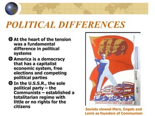 POLITICAL DIFFERENCES At the heart of the tension was a fundamental difference in political systems  America is a democracy that has a capitalist economic system, free elections and competing political parties In the U.S.S.R., the sole political party – the Communists – established a totalitarian regime with little or no rights for the citizens   Soviets viewed Marx, Engels and Lenin as founders of Communism 
