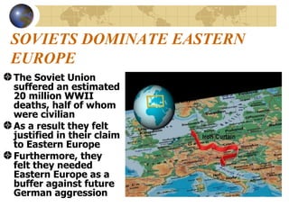 SOVIETS DOMINATE EASTERN EUROPE The Soviet Union suffered an estimated 20 million WWII deaths, half of whom were civilian As a result they felt justified in their claim to Eastern Europe Furthermore, they felt they needed Eastern Europe as a buffer against future German aggression 