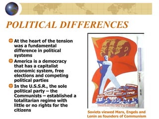 POLITICAL DIFFERENCES At the heart of the tension was a fundamental difference in political systems  America is a democracy that has a capitalist economic system, free elections and competing political parties In the U.S.S.R., the sole political party – the Communists – established a totalitarian regime with little or no rights for the citizens   Soviets viewed Marx, Engels and Lenin as founders of Communism 