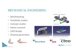 MECHANICAL ENGINEERING
• Benchmarking
• Feasibility studies
• Concept studies
• Patent research
• CAD Design
• Drawing generation
12
pedal force measurement test rig engine testrig for climate chamber
Driven Axle
Mechanical Fail Safe Brake
 