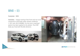 BMI – I3
Customer: BMW
Activities: Fatigue testing of the front and rear strut
connection to the body under climate conditions
(- 30°C and +85°C/60%RH). For this test a road load
pattern has been applied to the wheels. The CFRP
body was fixed with flexible elements
23
 