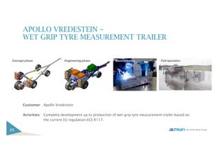 APOLLO VREDESTEIN –
WET GRIP TYRE MEASUREMENT TRAILER
Customer: Apollo Vredestein
Activities: Complete development up to production of wet grip tyre measurement trailer based on
the current EU regulation ECE R117.
25
Concept phase Engineering phase Manufacturing Full operation
 