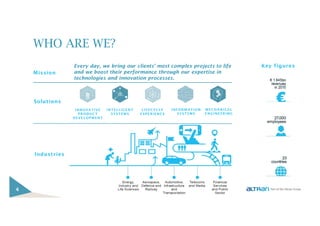 Key figures
WHO ARE WE?
4
Mission
Industries
Solutions
INNOVATIVE
PRODUCT
DEVELOPMENT
INTELLIGENT
SYSTEMS
LIFECYCLE
EXPERIENCE
INFORMATION
SYSTEMS
MECHANICAL
ENGINEERING
Every day, we bring our clients' most complex projects to life
and we boost their performance through our expertise in
technologies and innovation processes.
 