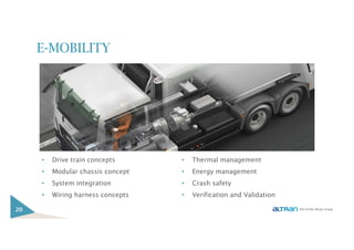 E-MOBILITY
20
• Thermal management
• Energy management
• Crash safety
• Verification and Validation
• Drive train concepts
• Modular chassis concept
• System integration
• Wiring harness concepts
 