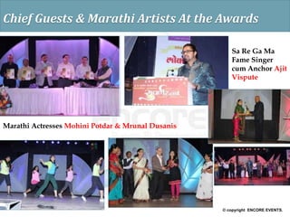 © copyright ENCORE EVENTS.
Chief Guests & Marathi Artists At the Awards
Sa Re Ga Ma
Fame Singer
cum Anchor Ajit
Vispute
Marathi Actresses Mohini Potdar & Mrunal Dusanis
 