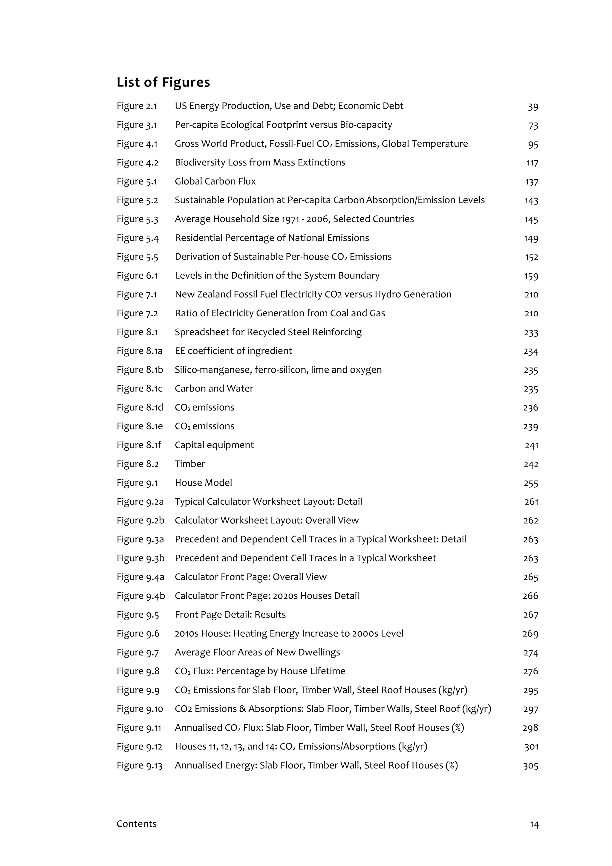 Contents 14
List of Figures
Figure 2.1 US Energy Production, Use and Debt; Economic Debt 39
Figure 3.1 Per-capita Ecological Footprint versus Bio-capacity 73
Figure 4.1 Gross World Product, Fossil-Fuel CO2 Emissions, Global Temperature 95
Figure 4.2 Biodiversity Loss from Mass Extinctions 117
Figure 5.1 Global Carbon Flux 137
Figure 5.2 Sustainable Population at Per-capita Carbon Absorption/Emission Levels 143
Figure 5.3 Average Household Size 1971 - 2006, Selected Countries 145
Figure 5.4 Residential Percentage of National Emissions 149
Figure 5.5 Derivation of Sustainable Per-house CO2 Emissions 152
Figure 6.1 Levels in the Definition of the System Boundary 159
Figure 7.1 New Zealand Fossil Fuel Electricity CO2 versus Hydro Generation 210
Figure 7.2 Ratio of Electricity Generation from Coal and Gas 210
Figure 8.1 Spreadsheet for Recycled Steel Reinforcing 233
Figure 8.1a EE coefficient of ingredient 234
Figure 8.1b Silico-manganese, ferro-silicon, lime and oxygen 235
Figure 8.1c Carbon and Water 235
Figure 8.1d CO2 emissions 236
Figure 8.1e CO2 emissions 239
Figure 8.1f Capital equipment 241
Figure 8.2 Timber 242
Figure 9.1 House Model 255
Figure 9.2a Typical Calculator Worksheet Layout: Detail 261
Figure 9.2b Calculator Worksheet Layout: Overall View 262
Figure 9.3a Precedent and Dependent Cell Traces in a Typical Worksheet: Detail 263
Figure 9.3b Precedent and Dependent Cell Traces in a Typical Worksheet 263
Figure 9.4a Calculator Front Page: Overall View 265
Figure 9.4b Calculator Front Page: 2020s Houses Detail 266
Figure 9.5 Front Page Detail: Results 267
Figure 9.6 2010s House: Heating Energy Increase to 2000s Level 269
Figure 9.7 Average Floor Areas of New Dwellings 274
Figure 9.8 CO2 Flux: Percentage by House Lifetime 276
Figure 9.9 CO2 Emissions for Slab Floor, Timber Wall, Steel Roof Houses (kg/yr) 295
Figure 9.10 CO2 Emissions & Absorptions: Slab Floor, Timber Walls, Steel Roof (kg/yr) 297
Figure 9.11 Annualised CO2 Flux: Slab Floor, Timber Wall, Steel Roof Houses (%) 298
Figure 9.12 Houses 11, 12, 13, and 14: CO2 Emissions/Absorptions (kg/yr) 301
Figure 9.13 Annualised Energy: Slab Floor, Timber Wall, Steel Roof Houses (%) 305
 