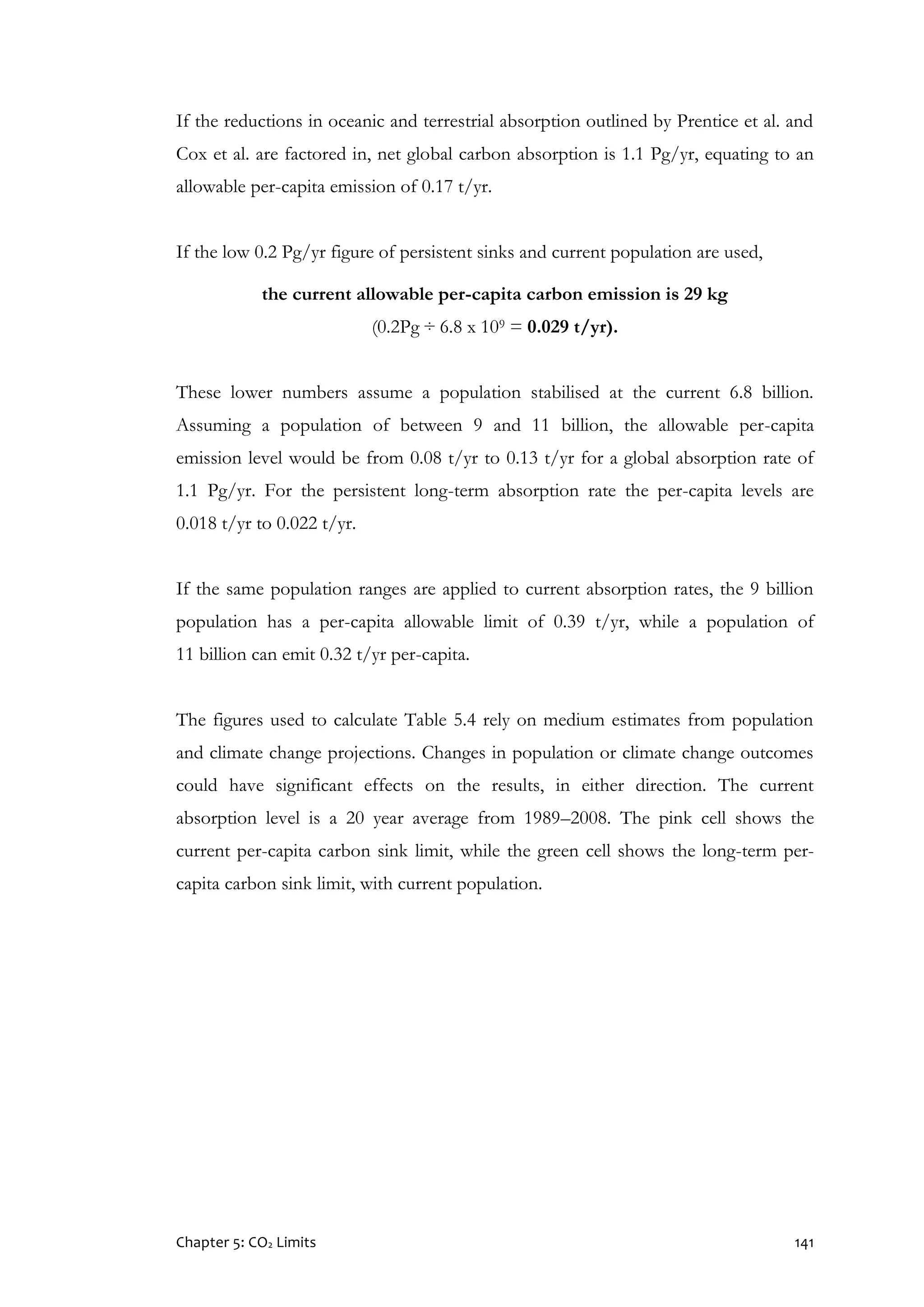 Chapter 5: CO2 Limits 141
If the reductions in oceanic and terrestrial absorption outlined by Prentice et al. and
Cox et al. are factored in, net global carbon absorption is 1.1 Pg/yr, equating to an
allowable per-capita emission of 0.17 t/yr.
If the low 0.2 Pg/yr figure of persistent sinks and current population are used,
the current allowable per-capita carbon emission is 29 kg
(0.2Pg ÷ 6.8 x 109 = 0.029 t/yr).
These lower numbers assume a population stabilised at the current 6.8 billion.
Assuming a population of between 9 and 11 billion, the allowable per-capita
emission level would be from 0.08 t/yr to 0.13 t/yr for a global absorption rate of
1.1 Pg/yr. For the persistent long-term absorption rate the per-capita levels are
0.018 t/yr to 0.022 t/yr.
If the same population ranges are applied to current absorption rates, the 9 billion
population has a per-capita allowable limit of 0.39 t/yr, while a population of
11 billion can emit 0.32 t/yr per-capita.
The figures used to calculate Table 5.4 rely on medium estimates from population
and climate change projections. Changes in population or climate change outcomes
could have significant effects on the results, in either direction. The current
absorption level is a 20 year average from 1989–2008. The pink cell shows the
current per-capita carbon sink limit, while the green cell shows the long-term per-
capita carbon sink limit, with current population.
 