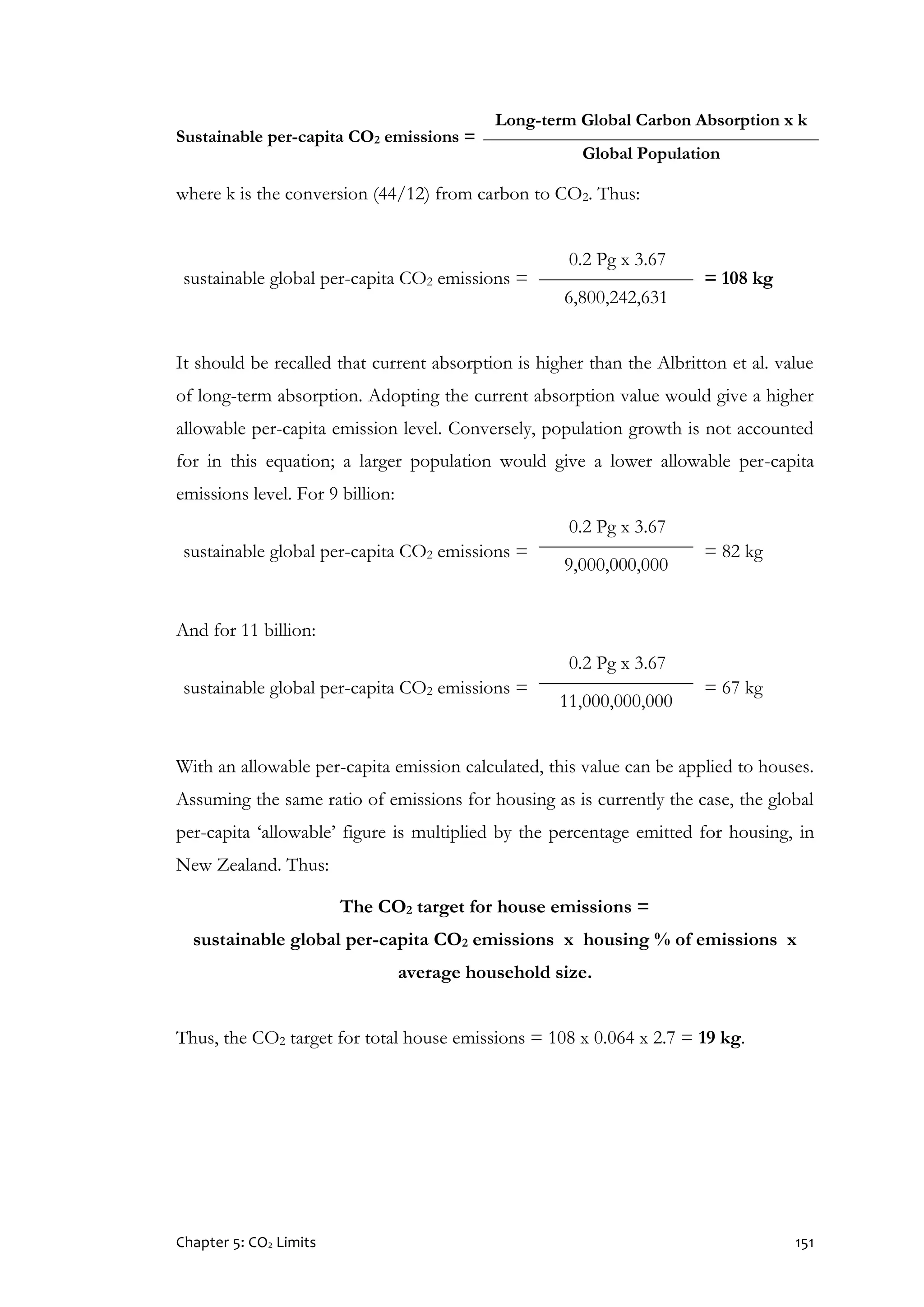 Chapter 5: CO2 Limits 151
Sustainable per-capita CO2 emissions =
Long-term Global Carbon Absorption x k
Global Population
where k is the conversion (44/12) from carbon to CO2. Thus:
sustainable global per-capita CO2 emissions =
0.2 Pg x 3.67
= 108 kg
6,800,242,631
It should be recalled that current absorption is higher than the Albritton et al. value
of long-term absorption. Adopting the current absorption value would give a higher
allowable per-capita emission level. Conversely, population growth is not accounted
for in this equation; a larger population would give a lower allowable per-capita
emissions level. For 9 billion:
sustainable global per-capita CO2 emissions =
0.2 Pg x 3.67
= 82 kg
9,000,000,000
And for 11 billion:
sustainable global per-capita CO2 emissions =
0.2 Pg x 3.67
= 67 kg
11,000,000,000
With an allowable per-capita emission calculated, this value can be applied to houses.
Assuming the same ratio of emissions for housing as is currently the case, the global
per-capita ‘allowable’ figure is multiplied by the percentage emitted for housing, in
New Zealand. Thus:
The CO2 target for house emissions =
sustainable global per-capita CO2 emissions x housing % of emissions x
average household size.
Thus, the CO2 target for total house emissions = 108 x 0.064 x 2.7 = 19 kg.
 