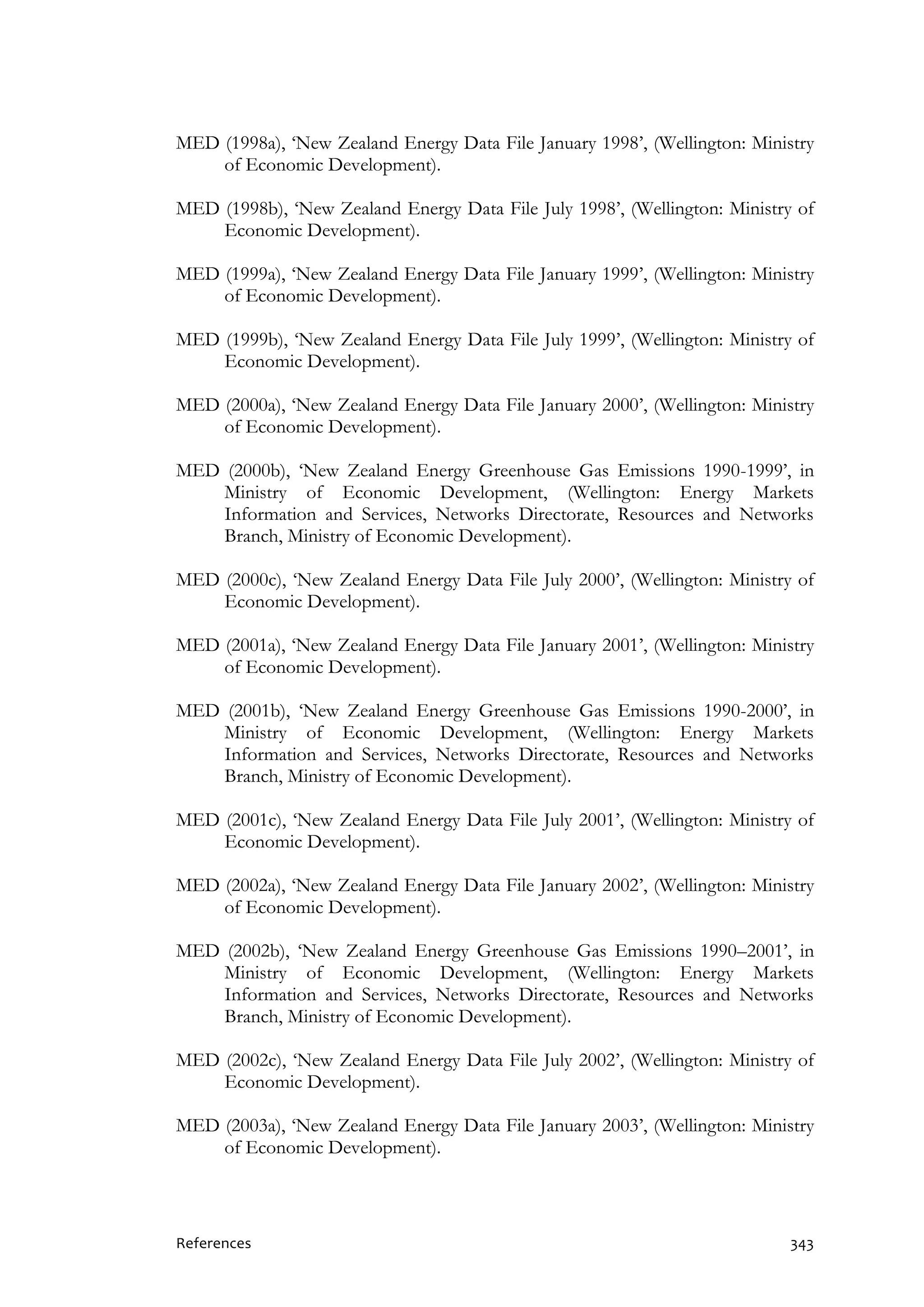 References 343
MED (1998a), ‘New Zealand Energy Data File January 1998’, (Wellington: Ministry
of Economic Development).
MED (1998b), ‘New Zealand Energy Data File July 1998’, (Wellington: Ministry of
Economic Development).
MED (1999a), ‘New Zealand Energy Data File January 1999’, (Wellington: Ministry
of Economic Development).
MED (1999b), ‘New Zealand Energy Data File July 1999’, (Wellington: Ministry of
Economic Development).
MED (2000a), ‘New Zealand Energy Data File January 2000’, (Wellington: Ministry
of Economic Development).
MED (2000b), ‘New Zealand Energy Greenhouse Gas Emissions 1990-1999’, in
Ministry of Economic Development, (Wellington: Energy Markets
Information and Services, Networks Directorate, Resources and Networks
Branch, Ministry of Economic Development).
MED (2000c), ‘New Zealand Energy Data File July 2000’, (Wellington: Ministry of
Economic Development).
MED (2001a), ‘New Zealand Energy Data File January 2001’, (Wellington: Ministry
of Economic Development).
MED (2001b), ‘New Zealand Energy Greenhouse Gas Emissions 1990-2000’, in
Ministry of Economic Development, (Wellington: Energy Markets
Information and Services, Networks Directorate, Resources and Networks
Branch, Ministry of Economic Development).
MED (2001c), ‘New Zealand Energy Data File July 2001’, (Wellington: Ministry of
Economic Development).
MED (2002a), ‘New Zealand Energy Data File January 2002’, (Wellington: Ministry
of Economic Development).
MED (2002b), ‘New Zealand Energy Greenhouse Gas Emissions 1990–2001’, in
Ministry of Economic Development, (Wellington: Energy Markets
Information and Services, Networks Directorate, Resources and Networks
Branch, Ministry of Economic Development).
MED (2002c), ‘New Zealand Energy Data File July 2002’, (Wellington: Ministry of
Economic Development).
MED (2003a), ‘New Zealand Energy Data File January 2003’, (Wellington: Ministry
of Economic Development).
 