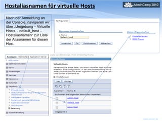 Hostaliasnamen für virtuelle Hosts Nach der Anmeldung an der Console, navigieren wir über „Umgebung – Virtuelle Hosts  - default_host – Hostaliasnamen“ zur Liste der Aliasnamen für diesen Host 