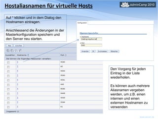 Hostaliasnamen für virtuelle Hosts Auf * klicken und in dem Dialog den Hostnamen eintragen.  Anschliessend die Änderungen in der Masterkonfiguration speichern und den Server neu starten. Den Vorgang für jeden Eintrag in der Liste wiederholen.  Es können auch mehrere Aliasnamen vergeben werden, um z.B. einen internen und einen externen Hostnamen zu verwenden 