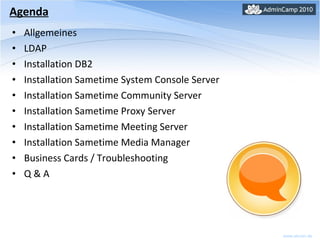 Allgemeines LDAP Installation DB2 Installation Sametime System Console Server Installation Sametime Community Server Installation Sametime Proxy Server Installation Sametime Meeting Server Installation Sametime Media Manager Business Cards / Troubleshooting Q & A Agenda 
