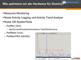 Wie optimiere ich die Hardware für Domino? Resource Monitoring Nutze Activity Logging und Activity Trend Analyse Nutze OS SystemTools PerfMon (Win) Start\ControlPanel\Andministrative Tools\Performance PerfMeter (Unix)  PerfMon/PEX (AS/400) 