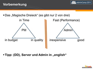 Vorbemerkung Das „Magische Dreieck“ (es gibt nur 2 von drei)   in Time   Fast (Performance) PM   Admin in budget in quality inexpensive good Tipp: (DD), Server und Admin in „english“ 
