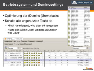 Betriebssystem- und Dominosettings Optimierung der (Domino-)Servertasks Schalte alle ungenutzten Tasks ab Klingt naheliegend, wird aber oft vergessen Nutze den AdminClient um herauszufinden  was „läuft“ 
