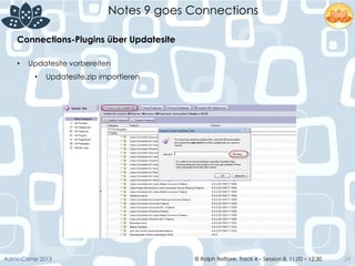 © Ralph Belfiore, Track 4 – Session 8, 11.00 – 12:30AdminCamp 2013
Notes 9 goes Connections
24
Connections-Plugins über Updatesite	
  
•  Updatesite vorbereiten
•  Updatesite.zip importieren
 