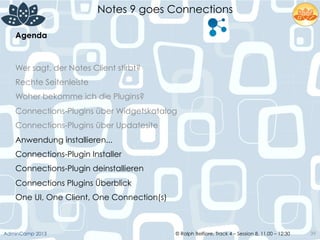 © Ralph Belfiore, Track 4 – Session 8, 11.00 – 12:30AdminCamp 2013
Notes 9 goes Connections
39
Agenda	
  
Wer sagt, der Notes Client stirbt?
Rechte Seitenleiste
Woher bekomme ich die Plugins?
Connections-Plugins über Widgetskatalog
Connections-Plugins über Updatesite
Anwendung installieren...
Connections-Plugin Installer
Connections-Plugin deinstallieren
Connections Plugins Überblick
One UI, One Client, One Connection(s)
 