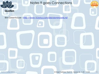 © Ralph Belfiore, Track 4 – Session 8, 11.00 – 12:30AdminCamp 2013
Notes 9 goes Connections
86
Quellen	
  
IBM Greenhouse - http://www-10.lotus.com/ldd/dominowiki.nsf
 