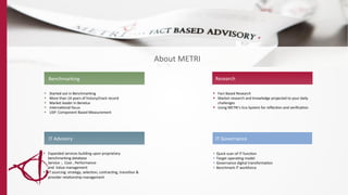 About	
  METRI	
  
§  Started	
  out	
  in	
  Benchmarking	
  
§  More	
  than	
  14	
  years	
  of	
  history/track	
  record	
  
§  Market	
  leader	
  in	
  Benelux	
  
§  Interna/onal	
  focus	
  
§  USP:	
  Component	
  Based	
  Measurement	
  
	
  
§  Expanded	
  services	
  building	
  upon	
  proprietary	
  
benchmarking	
  database	
  
§  Service	
  -­‐,	
  	
  Cost-­‐,	
  Performance-­‐	
  	
  
and	
  	
  Value	
  management	
  
§  IT	
  sourcing:	
  strategy,	
  selec/on,	
  contrac/ng,	
  transi/on	
  &	
  
provider	
  rela/onship	
  management	
  
	
  
§  Fact	
  Based	
  Research	
  
§  Market	
  research	
  and	
  knowledge	
  projected	
  to	
  your	
  daily	
  
challenges	
  
§  Using	
  METRI’s	
  Eco	
  System	
  for	
  reﬂec/on	
  and	
  veriﬁca/on	
  
	
  
Benchmarking	
  
IT	
  Advisory	
  
Research	
  
§  Quick	
  scan	
  of	
  IT	
  func/on	
  
§  Target	
  opera/ng	
  model	
  
§  Governance	
  digital	
  transforma/on	
  
§  Benchmark	
  IT	
  workforce	
  
	
  
IT	
  Governance	
  
 