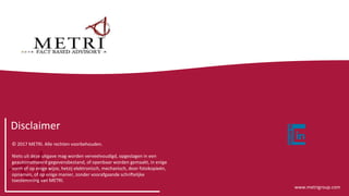 ©	
  2017	
  METRI.	
  Alle	
  rechten	
  voorbehouden.	
  
	
  
Niets	
  uit	
  deze	
  uitgave	
  mag	
  worden	
  verveelvoudigd,	
  opgeslagen	
  in	
  een	
  
geautoma/seerd	
  gegevensbestand,	
  of	
  openbaar	
  worden	
  gemaakt,	
  in	
  enige	
  
vorm	
  of	
  op	
  enige	
  wijze,	
  hetzij	
  elektronisch,	
  mechanisch,	
  door	
  fotokopieën,	
  
opnamen,	
  of	
  op	
  enige	
  manier,	
  zonder	
  voorafgaande	
  schriVelijke	
  
toestemming	
  van	
  METRI.	
  
www.metrigroup.com	
  
Disclaimer	
  
 