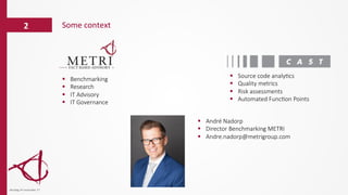Some	
  context	
  2	
  
dinsdag	
  14	
  november	
  17	
  
§  André  Nadorp
§  Director  Benchmarking  METRI
§  Andre.nadorp@metrigroup.com
§  Benchmarking
§  Research
§  IT  Advisory
§  IT  Governance
§  Source  code  analyDcs
§  Quality  metrics
§  Risk  assessments
§  Automated  FuncDon  Points
 