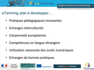 eTwinning aide à développer…
• Pratiques pédagogiques innovantes
• Echanges interculturels
• Citoyenneté européenne
• Compétences en langue étrangère
• Utilisation raisonnée des outils numériques
• Echanges de bonnes pratiques
16/05/2019
 