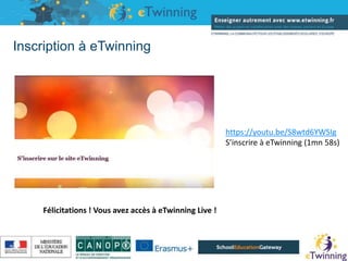 Inscription à eTwinning
16/05/2019
https://youtu.be/S8wtd6YWSIg
S’inscrire à eTwinning (1mn 58s)
Félicitations ! Vous avez accès à eTwinning Live !
 