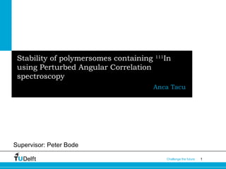 1Challenge the future
Stability of polymersomes containing 111
In
using Perturbed Angular Correlation
spectroscopy
Anca Tacu
Supervisor: Peter Bode
 