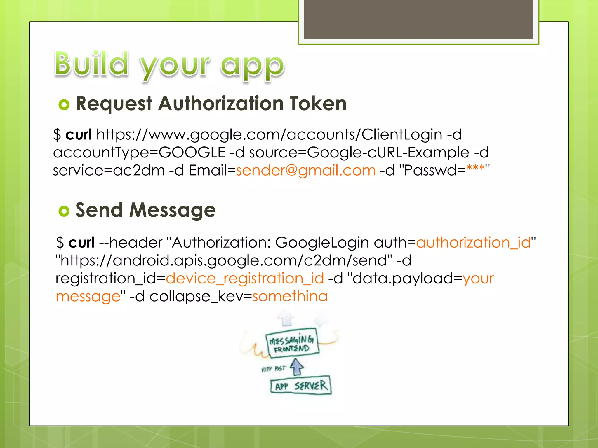  Request     Authorization Token
$ curl https://www.google.com/accounts/ClientLogin -d
accountType=GOOGLE -d source=Google-cURL-Example -d
service=ac2dm -d Email=sender@gmail.com -d "Passwd=***"

 Send    Message
$ curl --header "Authorization: GoogleLogin auth=authorization_id"
"https://android.apis.google.com/c2dm/send" -d
registration_id=device_registration_id -d "data.payload=your
message" -d collapse_key=something
 