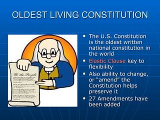 OLDEST LIVING CONSTITUTION The U.S. Constitution is the oldest written national constitution in the world Elastic Clause  key to flexibility Also ability to change, or “amend” the Constitution helps preserve it 27 Amendments have been added 