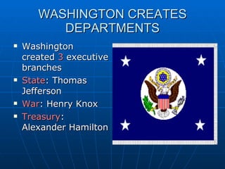 WASHINGTON CREATES DEPARTMENTS Washington created  3  executive branches  State : Thomas Jefferson War : Henry Knox Treasury : Alexander Hamilton 
