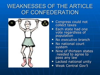 WEAKNESSES OF THE ARTICLE OF CONFEDERATION Congress could not collect taxes Each state had one vote regardless of population No executive branch  No national court system Nine of thirteen states  needed to agree to pass any law Lacked national unity  Weak Central Gov’t 