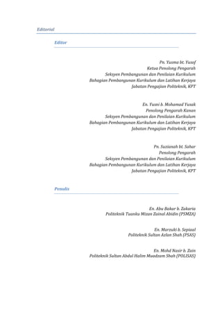 Editorial
Editor
Pn. Yusma bt. Yusof
Ketua Penolong Pengarah
Seksyen Pembangunan dan Penilaian Kurikulum
Bahagian Pembangunan Kurikulum dan Latihan Kerjaya
Jabatan Pengajian Politeknik, KPT
En. Yusni b. Mohamad Yusak
Penolong Pengarah Kanan
Seksyen Pembangunan dan Penilaian Kurikulum
Bahagian Pembangunan Kurikulum dan Latihan Kerjaya
Jabatan Pengajian Politeknik, KPT
Pn. Suzianah bt. Sahar
Penolong Pengarah
Seksyen Pembangunan dan Penilaian Kurikulum
Bahagian Pembangunan Kurikulum dan Latihan Kerjaya
Jabatan Pengajian Politeknik, KPT
Penulis
En. Abu Bakar b. Zakaria
Politeknik Tuanku Mizan Zainal Abidin (PSMZA)
En. Marzuki b. Sepiaal
Politeknik Sultan Azlan Shah (PSAS)
En. Mohd Nasir b. Zain
Politeknik Sultan Abdul Halim Muadzam Shah (POLISAS)
 