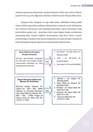 AC301Tamadun Islam
50
wilayah yang berjaya dikuasainya meliputi Sepanyol, Afrika utara, Syria, Palestin,
Jazirah Arab, Iraq, Iran, Afganistan, Pakistan, Uzbekistan, dan wilayah Afrika Utara.
Kejayaan Bani Umayyah ini juga tidak hanya melibatkan bidang politik
sahaja, bahkan juga dalam pelbagai bidang lainnya termasuk sosial, kebudayaan,
seni, ekonomi, ketenteraan serta teknologi komunikasi, seperti percetakan wang,
menubuhkan pejabat pos, penyediaan kuda yang lengkap dengan peralatannya
disepanjang jalan, beserta angkatan bersenjatanya yang kuat. Secara asasnya,
perkembangan Tamadun Islam dan pencapaiannya di zaman kerajaan Umaiyah ini
boleh dibahagikan kepada tiga Zaman di bawah tokoh-tokoh berikut:
Zaman Kemajuan (Keturunan
Marwan bin Al-Hakam).
Bermula dengan Marwan bin
Hakam 64 - 65H / 683 - 684M
(Marwan 1), kemudian diteruskan
oleh Abdul Malik bin Marwan (65 -
86H / 684 - 705M) hingga ke
Zaman Umar bin Abdul Aziz 99-
101H/717-719M.
4. Marwan I bin Hakam 64-
65H/683-684M
5. Abdul Malik bin Marwan 65-
86H/684-705M
6. Al-Walid I bin Abdul Malik 86-
96H/705-714M
7. Sulaiman bin Abdul Malik 96-
99H/714-717M
8. Umar bin Abdul Aziz 99-
101H/717-719M
Tokoh
Zaman Kelahiran (Permulaan
Kerajaan Umaiyyah)
Bermula pemerintahan Muawiyah
bin Abi Sufian dan berakhir dengan
pemerintahan Muawiyah bin Yazid
yang berpusat di Damsyik
1. Mu’awiyah I bin Aby Sufyan 41-
60H/661-679M
2. Yazid I bin Mu’awiyah 60-
64H/679-683M
3. Mu’awiyah II bin Yazid 64H/683M
Tokoh
 