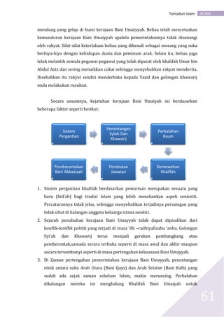 AC301Tamadun Islam
61
mendung yang gelap di bumi kerajaan Bani Umaiyyah. Beliau telah mencetuskan
kemunduran kerajaan Bani Umaiyyah apabila pemerintahannya tidak disenangi
oleh rakyat. Sifat-sifat keterlaluan beliau yang dikenali sebagai seorang yang suka
berfoya-foya dengan kehidupan dunia dan peminum arak. Selain itu, beliau juga
telah melantik semula pegawai-pegawai yang telah dipecat oleh khalifah Umar bin
Abdul Aziz dan sering menaikkan cukai sehingga menyebabkan rakyat menderita.
Disebabkan itu rakyat sendiri menderhaka kepada Yazid dan golongan khawarij
mula melakukan rusuhan.
Secara umumnya, kejatuhan kerajaan Bani Umaiyah ini berdasarkan
beberapa faktor seperti berikut:
1. Sistem pergantian khalifah berdasarkan pewarisan merupakan sesuatu yang
baru (bid’ah) bagi tradisi Islam yang lebih menekankan aspek senioriti.
Percaturannya tidak jelas, sehingga menyebabkan terjadinya persaingan yang
tidak sihat di kalangan anggota keluarga istana sendiri.
2. Sejarah penubuhan kerajaan Bani Umayyah tidak dapat dipisahkan dari
konflik-konflik politik yang terjadi di masa ‘Ali –radhiyallaahu ‘anhu. Golongan
Syi’ah dan Khawarij terus menjadi gerakan pembangkang atau
pemberontak,samada secara terbuka seperti di masa awal dan akhir maupun
secara tersembunyi seperti di masa pertengahan kekuasaan Bani Umayyah.
3. Di Zaman pertengahan pemerintahan kerajaan Bani Umayyah, penentangan
etnik antara suku Arab Utara (Bani Qays) dan Arab Selatan (Bani Kalb) yang
sudah ada sejak zaman sebelum Islam, makin meruncing. Perbalahan
dikalangan mereka ini menghalang Khalifah Bani Umaiyah untuk
Sistem
Pergantian
Penentangan
Syiah Dan
Khawarij
Perbalahan
Kaum
Kemewahan
Khalifah
Perebutan
Jawatan
Pemberontakan
Bani Abbasiyah
 