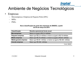 Ambiente de Negócios Tecnológicos
• Empresas
  – Microempresa e Empresa de Pequeno Porte (EPL)
  – MPEs
  – PMEs

                Nova classificação do porte das empresas do BNDES, a partir
                                   de 05 de março de 2010

    Classificação            Receita operacional bruta anual
    Microempresa             Menor ou igual a R$ 2,4 milhões
    Pequena empresa          Maior que R$ 2,4 milhões e menor ou igual a R$ 16 milhões
    Média empresa            Maior que R$ 16 milhões e menor ou igual a R$ 90 milhões
    Média-grande empresa     Maior que R$ 90 milhões e menor ou igual a R$ 300 milhões
    Grande empresa           Maior que R$ 300 milhões
                                                                              Fonte: BNDES




     2 S 2011                       Eduardo Grizendi                                         5
 