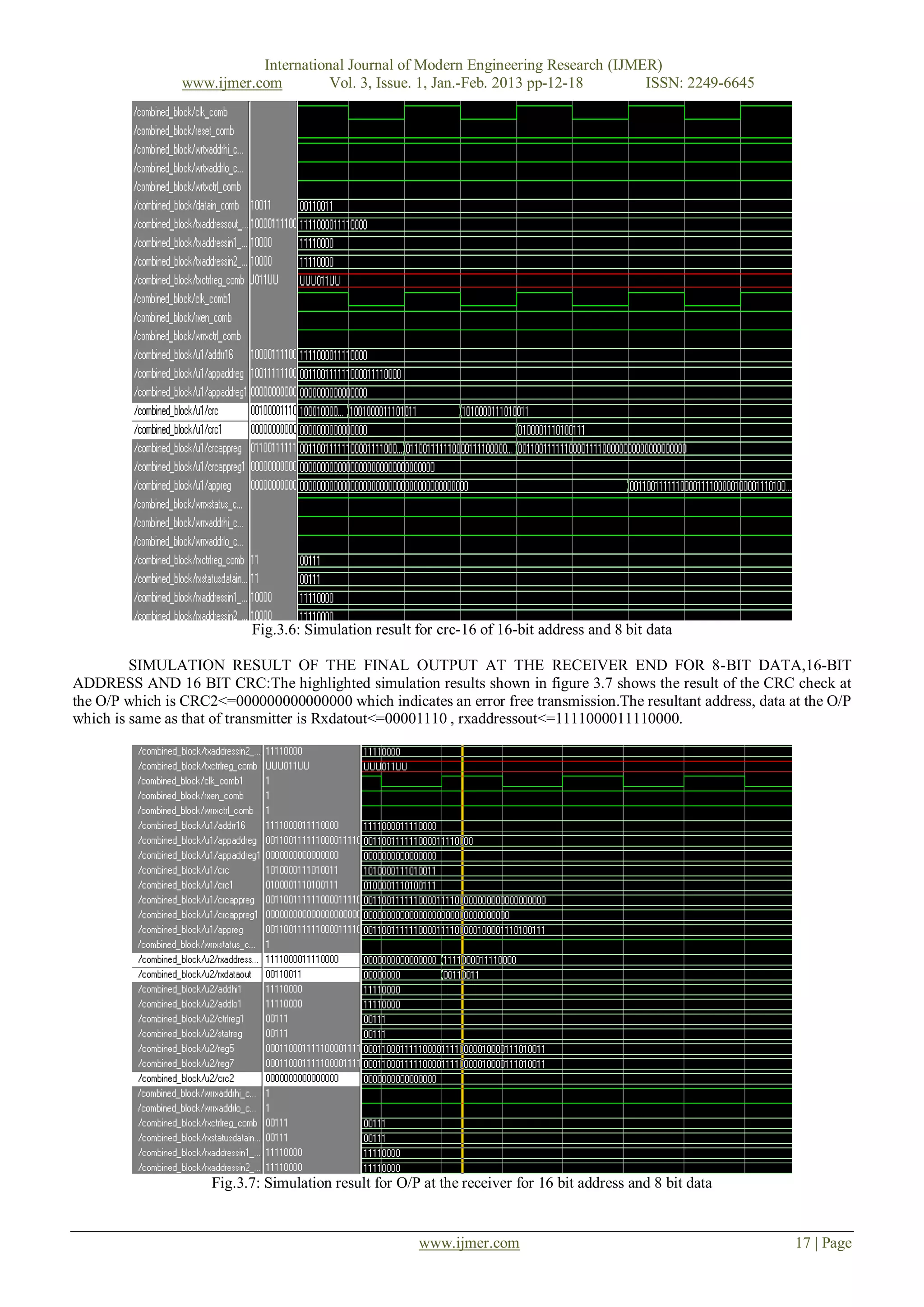 International Journal of Modern Engineering Research (IJMER)
                www.ijmer.com         Vol. 3, Issue. 1, Jan.-Feb. 2013 pp-12-18      ISSN: 2249-6645




                           Fig.3.6: Simulation result for crc-16 of 16-bit address and 8 bit data

         SIMULATION RESULT OF THE FINAL OUTPUT AT THE RECEIVER END FOR 8-BIT DATA,16-BIT
ADDRESS AND 16 BIT CRC:The highlighted simulation results shown in figure 3.7 shows the result of the CRC check at
the O/P which is CRC2<=000000000000000 which indicates an error free transmission.The resultant address, data at the O/P
which is same as that of transmitter is Rxdatout<=00001110 , rxaddressout<=1111000011110000.




                     Fig.3.7: Simulation result for O/P at the receiver for 16 bit address and 8 bit data


                                                       www.ijmer.com                                           17 | Page
 
