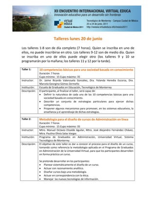 Talleres lunes 20 de junio
Los talleres 1-8 son de día completo (7 horas). Quien se inscriba en uno de
ellos, no puede inscribirse en otro. Los talleres 9-12 son de medio día. Quien
se inscriba en uno de ellos puede elegir otro (los talleres 9 y 10 se
programarán por la mañana; los talleres 11 y 12 por la tarde).
Taller 1: 10 competencias básicas para una sociedad basada en conocimiento
Duración: 7 horas
Cupo mínimo: 15 Cupo máximo: 35
Instructor: Dr. Jaime Ricardo Valenzuela González, Dra. Yolanda Heredia Escorza, Dra.
Marcela Georgina Gómez Zermeño
Institución: Escuela de Graduados en Educación, Tecnológico de Monterrey
Descripción: El participante, al finalizar el taller, será capaz de:
 Definir la naturaleza de cada una de las 10 competencias básicas para una
sociedad basada en conocimiento.
 Describir un conjunto de estrategias particulares para ejercer dichas
competencias.
 Proponer algunos mecanismos para promover, en los sistemas educativos, la
enseñanza y el aprendizaje de dichas estrategias.
Taller 2: Metodología para el diseño de cursos de Administración en línea
Duración: 7 horas
Cupo mínimo: 15 Cupo máximo: 35
Instructor: Mtro. Manuel Octavio Elizalde Aguilar, Mtro. José Alejandro Fernández Chávez,
Mtra. Paulina Olivia Salas Vargas
Institución: Programa de Graduados en Administración, Universidad Virtual, Sistema
Tecnológico de Monterrey
Descripción: El objetivo de este taller es dar a conocer el proceso para el diseño de un curso,
tomando como referencia la metodología aplicada en el Programa de Graduados
en Administración de la Universidad Virtual, para que los participantes desarrollen
en forma práctica un curso.
Se pretende desarrollar en los participantes:
 Planear sistemáticamente el diseño de un curso.
 Actuar con razonamiento analítico.
 Diseñar cursos bajo una metodología.
 Actuar en correspondencia con la ética.
 Manejar las nuevas tecnologías de información.
 