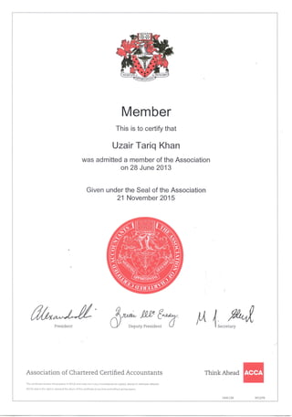 ACCA Membership Certificate - Uzair Tariq Khan