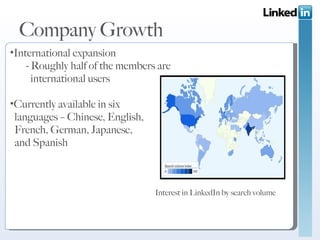 Company Growth International expansion - Roughly half of the members are  international users Currently available in six  languages – Chinese, English, French, German, Japanese,  and Spanish   Interest in LinkedIn by search volume Interest in LinkedIn by search volume 